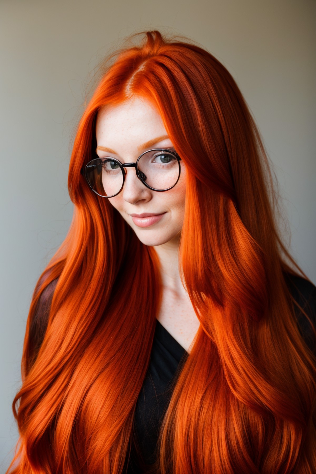 photo of a redhead  woman with black rim glasses<lora:hair_length_slider_v1:5>